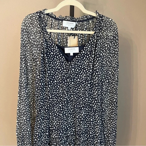 La Ligne Alexi Ruffle Long Sleeve Silk Georgette Minidress Navy Ivory Dot Large - Picture 3 of 9